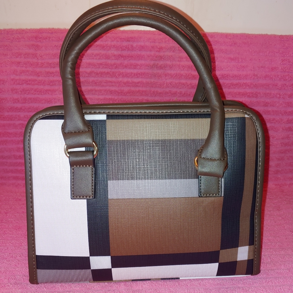 Plaid Small Handbag trimmed in Coffee Color or Chocolate Brown/Matching … - Picture 5 of 8